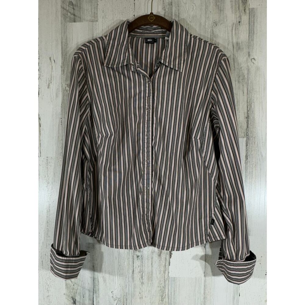 REI Womens Top Size Medium Snap Up Multicolor Stripe Fitted Cuff Sleeves